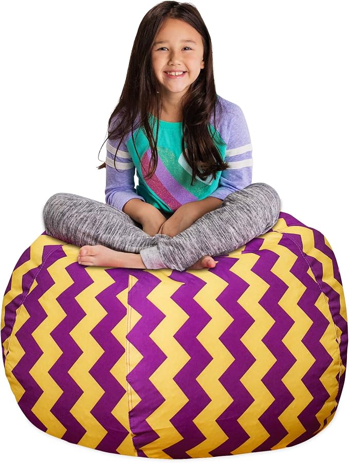 Posh Creations Stuffable Kids Stuffed Animal Storage Bean Bag Chair Cover - Childrens Toy Organizer, Large 38" - Pattern Chevron Purple and Yellow by PoshCreations