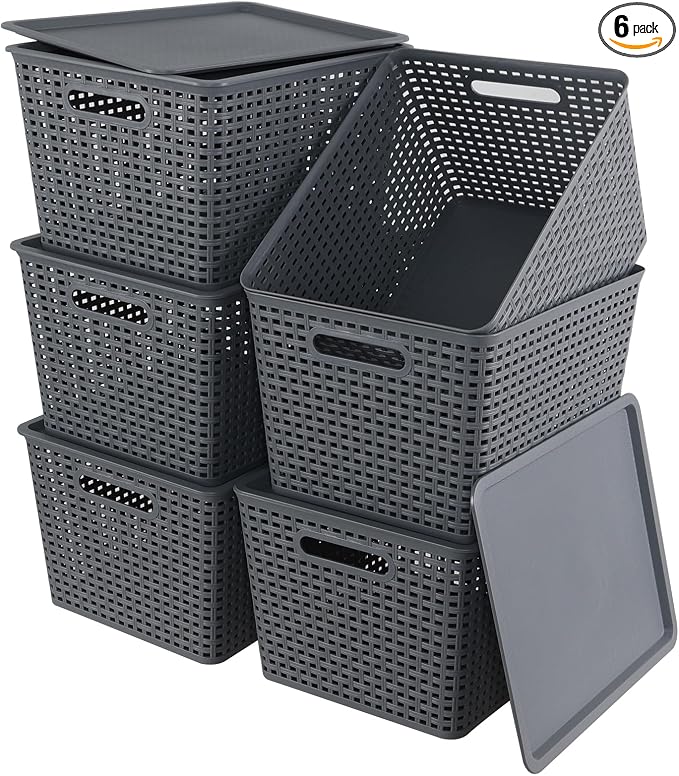 6 Pack Plastic Storage Bins with Lids, Stackable Storage Baskets with Handles, Large Organizer Bins for Desk, Shelves, Office, Plastic Container Bins for Pantry Organizers and Storage, Grey by Tyminin