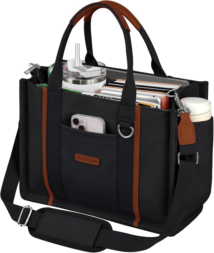 BESBESME Women’s Canvas Tote Bag with Zipper and Compartments – Multi-Pocket Laptop Work Crossbody Shoulder Tote Purse by BESBESME