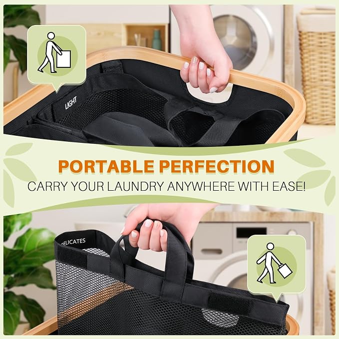 145L Laundry Hamper with Lid, 3 Section Laundry Basket with 3 Removable Bag | Clothes Hampers for Laundry with Bamboo Frame Handle, Large Dirty Clothes Hamper for Laundry Room, Bathroom, Bedroom, Black - Image 2