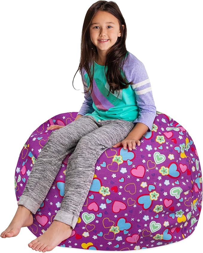 Posh Creations Stuffable Kids Stuffed Animal Storage Bean Bag Chair Cover - Childrens Toy Organizer, Large-38 - Canvas Multi-Colored Hearts on Purple - Image 3