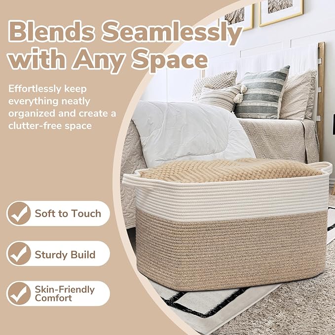 Goodpick Large Woven Rope Blanket Basket, Rectangle, White & Light Brown | 21.6" × 14.9" × 11.8" Storage Basket for Pillows & Toys Laundry, Nursery & Living Room Organization, Reinforced Handles - Image 5