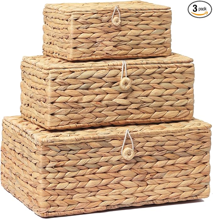 LUSYDECO Set of 3 Wicker Storage Baskets with Lid, Large Rectangular Rattan Basket Decorative Boxes, Natural Water Hyacinth Wicker Basket for Shelf Organizer, Nursery Room by RattanWebbingMeshRolls