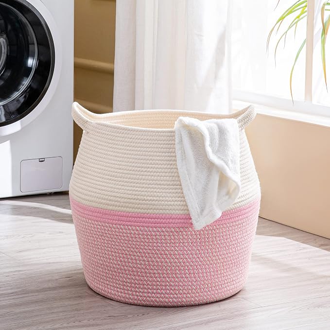 KAKAMAY Woven Baskets for Storage(17"x17"),Large Cotton Rope Woven Baby Laundry Hamper,Collapsible Laundry Basket, Blanket Basket for Organizing Living Room,Nursery,Pillows,Toy Chest(Pink) - Image 3