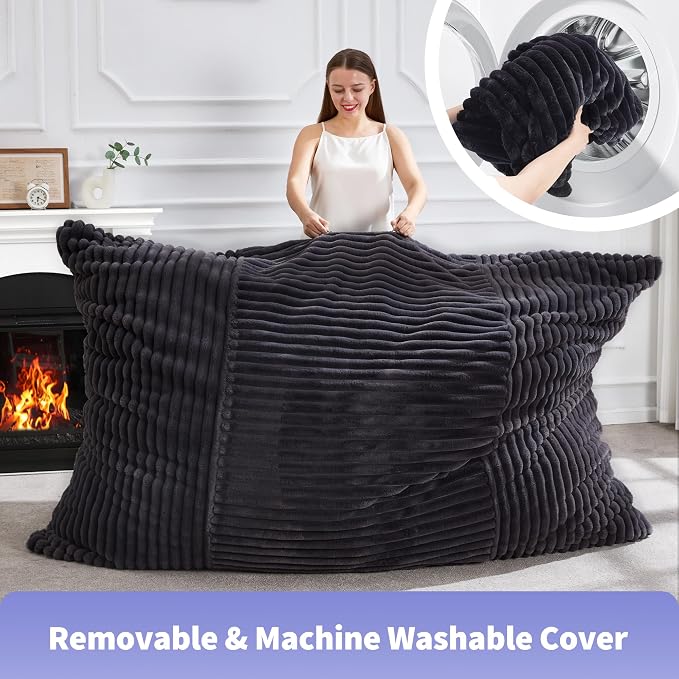 Hobestluk Adult Bean Bag Chair 3 in 1 Convertible Large Bean Bag Sofa | Striped Dark GreyMachine Washable,Removable Cover,Easy Convert And Install, Oversied Floor Bed,For Livingroom Bedroom - Image 7