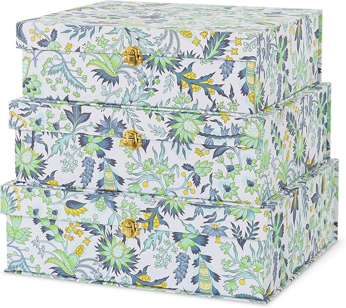 Soul & Lane - Floral Boxes with Gold Hardware, Set of 3, Midnight Garden | Large Stacking Keepsake Boxes with Lids for Home Decor and Organizing, Pretty Elegant Cardboard Paper Storage Trunks by SoulLane