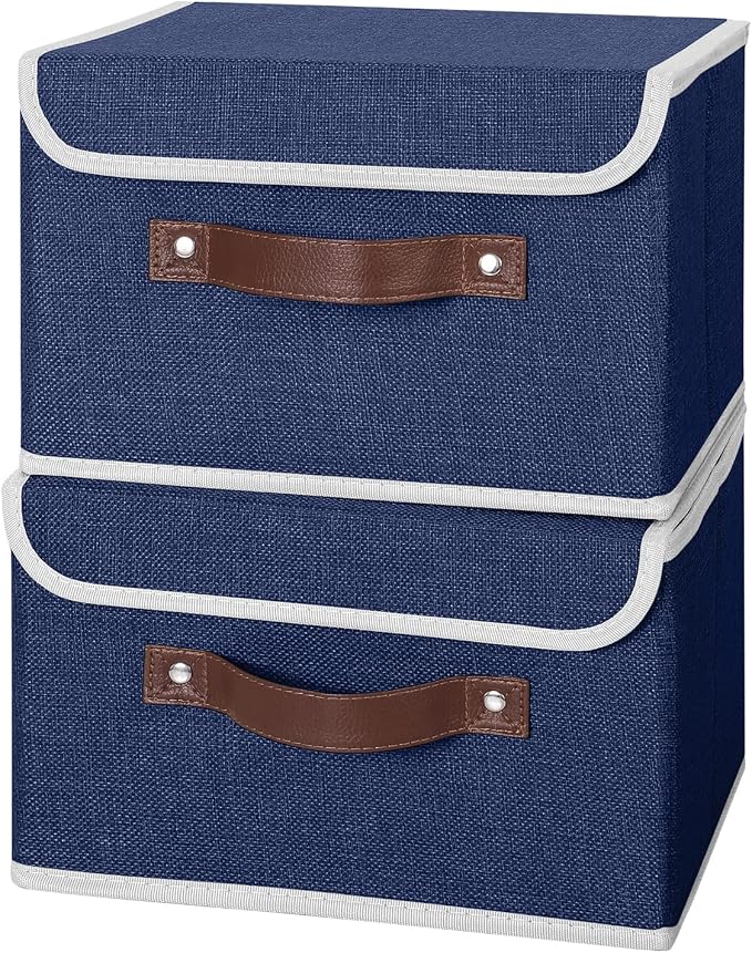 ANMINY Fabric Storage Box Bins with Lids, Blue, 10"x8"x7", 2 Pack | Keepsake Memory Storage, Cotton Linen, PP Board Reinforced, Washable, PU Handles, Foldable & Stackable, Decorative, Small - Image 2