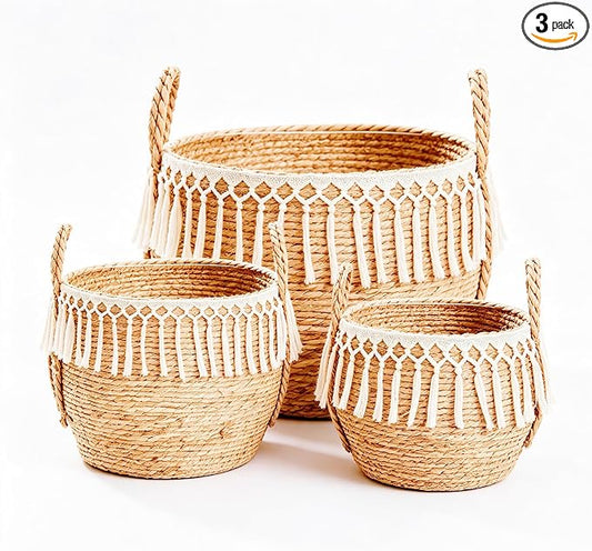 3 Pack Boho Woven Cattail Storage Basket, Belly Basket for Plant, puppy toy Toy & Home Storage, Decorative Organizer for Living Room, Bathroom & Gifting, 14", 12" & 9" by Unknown