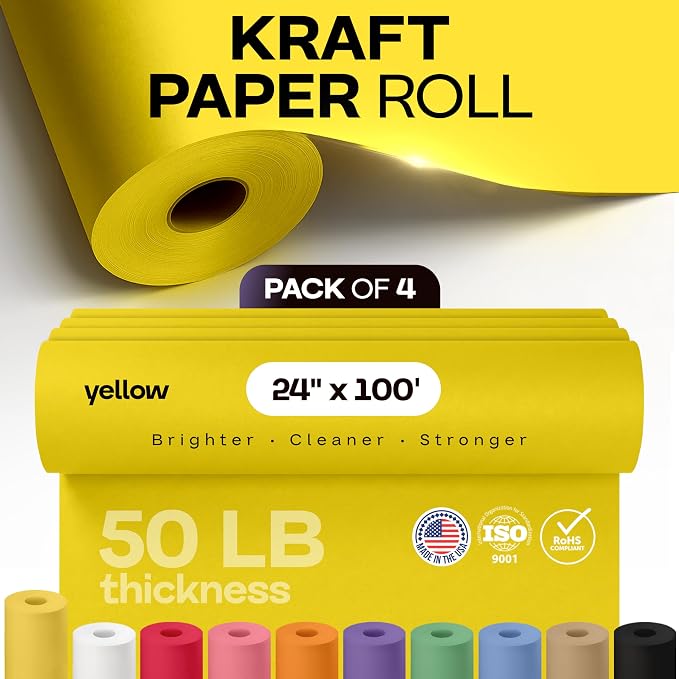 24" x 1200" (100 ft) Yellow Kraft Paper Roll, Pack of 4 - USA-Made Quality Craft Paper for Gift Wrapping, Kids' Arts & Crafts, School Projects - 100% Recycled, 50 lb Natural Material by IDL Packaging - Image 4