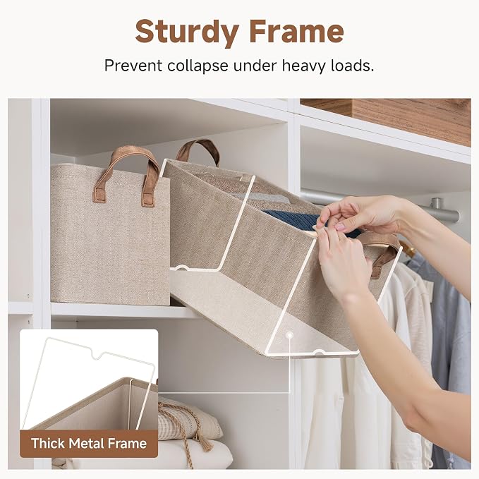 StorageWorks Storage Bins, Storage Baskets, Brown and Beige, 2-Pack | With Reinforced PU Handles, Metal Frame, Collapsible, Storage Basket for Shelves, Closet, Holds Clothes, Towels, Blankets - Image 4