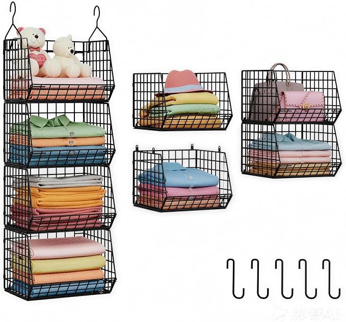X-cosrack 4 Tier Hanging Closet Organizer Foldable Hanging Storage Basket | Freestanding Closet Organizers and Storage with 5 S Hook, Small Space Solution for Closet Laundry Room Patent-Black (11.8" D) by X-cosrack