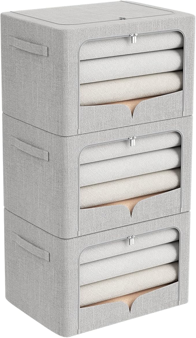 FHSQX 3 Pack Clothes Storage Bins - Foldable Metal Frame Storage Box - Stackable Linen Fabric Container Organizer Set with Carrying Handles and Clear Window (Light Gray, 19.7x15.7x13inch(66L)) by FHSQX