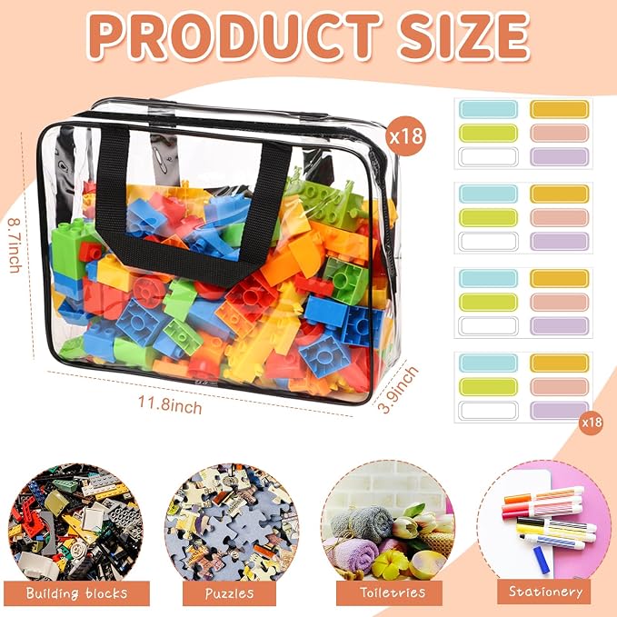18 Packs Large Toy Storage Bags with Labels, Waterproof Clear Pvc Storage Bags for Toys, Travel Organizer Bags with Zipper Closure for Puzzles, Building Blocks, Kids' Books - Image 2