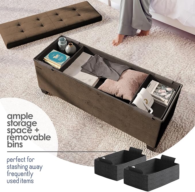 Storage Ottoman Bench with Bins, 43-in Storage Bench for Bedroom End of Bed, Folding Foot Rest Ottoman for Living Room Max 660lbs, Velvet Ottomans, Brown - Image 3