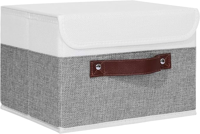 ANMINY Fabric Storage Box Bins with Lids, Gray White, 10"x8"x7" | Keepsake Memory Storage, Cotton Linen, PP Board Reinforced, Washable, PU Handles, Foldable & Stackable, Decorative, Small by ANMINY
