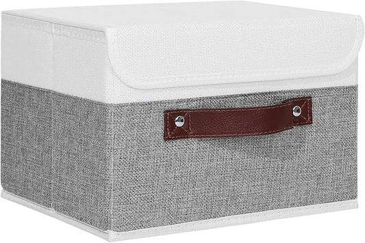 ANMINY Fabric Storage Box Bins with Lids, Gray White, 10"x8"x7" | Keepsake Memory Storage, Cotton Linen, PP Board Reinforced, Washable, PU Handles, Foldable & Stackable, Decorative, Small by ANMINY