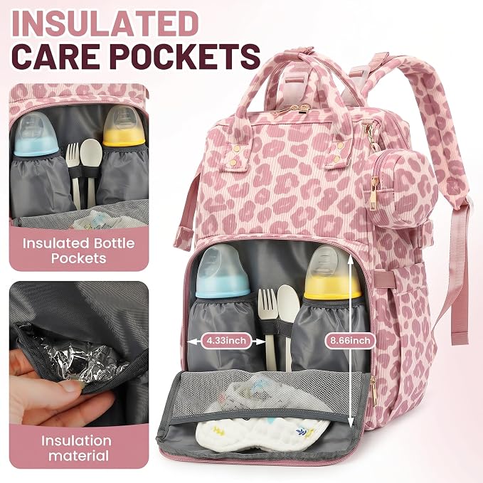 Baby Diaper Bag Backpacks for Mom Dad, Corduroy Large Capacity Multifunction Nappy Bag with Pacifier Case, Baby Travel Essentials Diaper Backpack for Boys Girls - Leopard Purple - Image 5