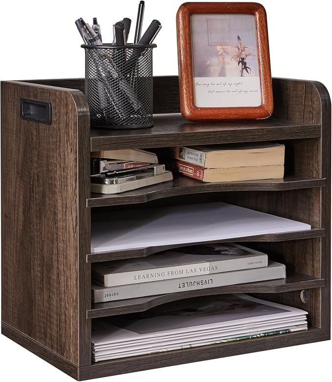 YMYNY Desktop File Organizer with Handle, Document Letter Mail Tray Sorter with 3 Adjustable Shelves, 5 Tiers Paper Holder for Home Office Desk, Black Gray,13.4 * 12.4 * 9.06" UHBC006G by High-qualityhomefurnishing