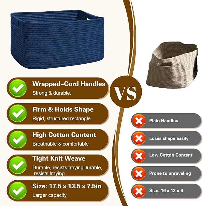 2 Pack Large Storage Basket for Organizing, 17.5"x13"x7" Woven Basket for Shelves, Closet Cube Storage Bins with Wrapped Handle, Cotton Rope Baskets for Kitchen, Clothes, Toys(Navy Blue) - Image 7