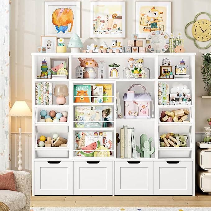 Toy Storage with Sliding Bookshelf, Toy Organizer with 4 Bins | 55.1’’ W Large Toy Storage Organizer Kids Bookshelf with 4 Movable Drawers, Toy Bins Playroom Storage for Kid Room, White - Image 7