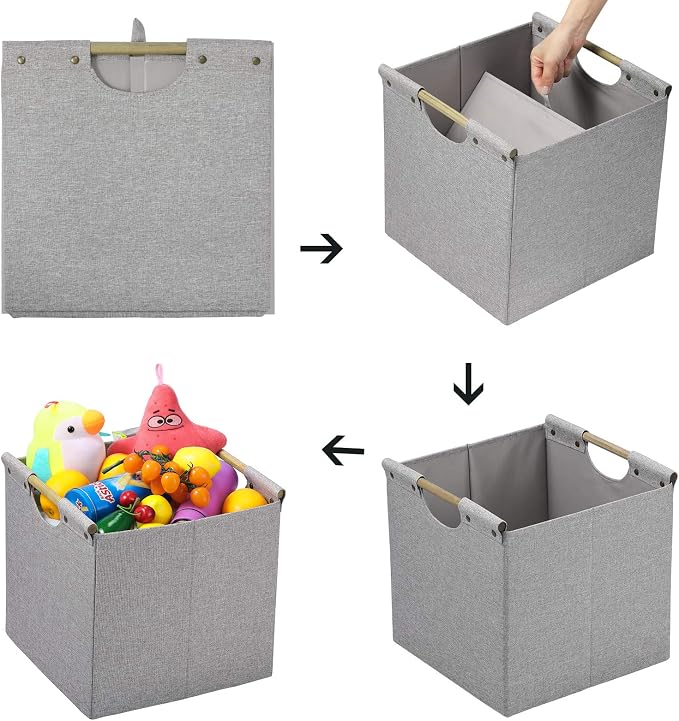 HOONEX Collapsible Storage Bins, 13x13x13in Storage Cubes Linen Fabric, 3 Pack, Storage Baskets with Wooden Carry Handles and Sturdy Heavy Cardboard, for Home, Office, Car, Nursery, Light Grey - Image 6
