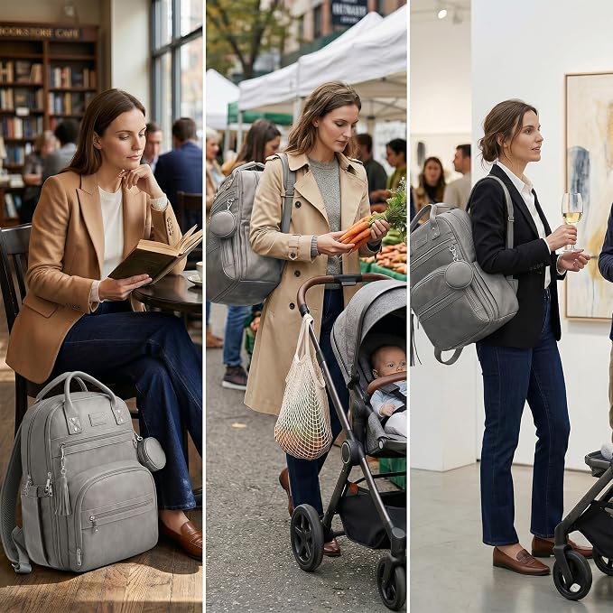 ROSEGIN Premium Vegan Leather Diaper Bag Backpack with Waterproof Changing Pad, Reinforced Zippers & Odor-Free, 20 Pockets Pro Organizer, Fits 15.6" Laptop, Stroller Straps, Baby Bag for Mom, Grey - Image 4