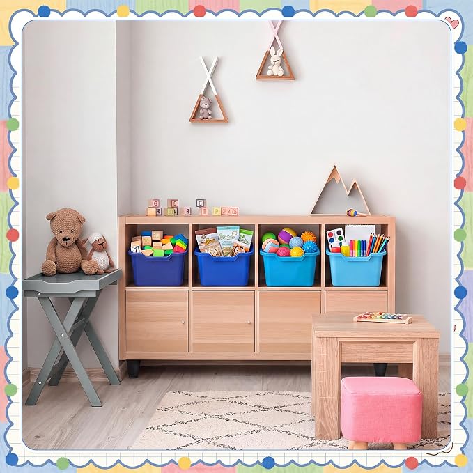 16 Pcs Cubby Bins for Classroom Plastic Book Bins,Blue Series | Storage Bins for Classroom Library, Plastic Stackable Toy Tubs Containers for School Office Home Nursery Playroom - Image 7