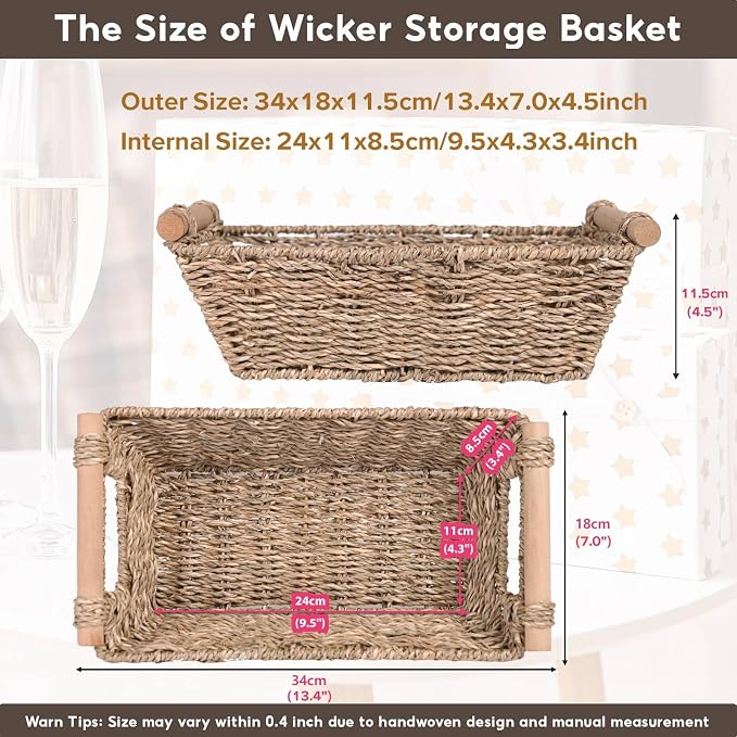 Small Wicker Baskets,small baskets for organizing,wicker storage Basket,small woven basket Seagrass Storage Baskets,Rattan Basket for Shelves Toilet Paper Basket with Handle,4 Pack - Image 2