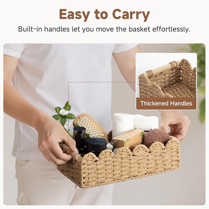StorageWorks Toilet Paper Storage Basket, Toilet Basket with Wooden Handles | Scalloped Wicker Basket for Living Room, Decorative Scalloped Baskets for Storage, Wicker Baskets for Organizing and Decor - Image 4