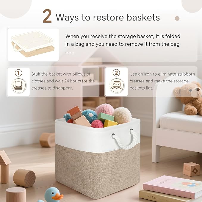 FinishingBo 11 inch Cube Storage Bin with Handles 6 Pack | Foldable Basket, Fabric Storage Bins, Closet Storage, Home Organizer (White/Khaki) - Image 5