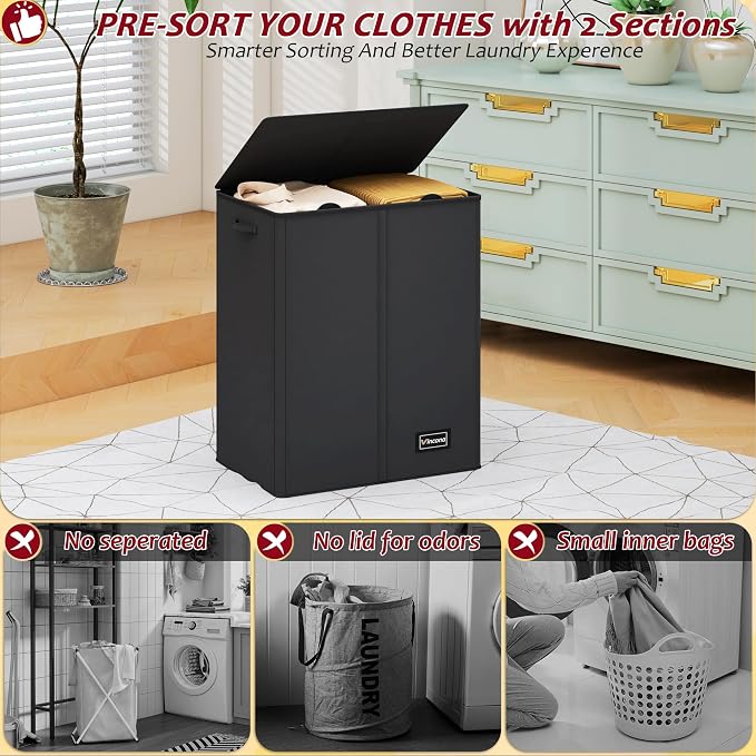 135L Laundry Hamper 2 Section, Large Laundry Hamper with Lid, Dirty Clothes Hamper with 2 Removable Inner Bags, Collapsible Laundry Basket Organizer for for Clothes Toys Towels, Hamper 2 Compartment - Image 3