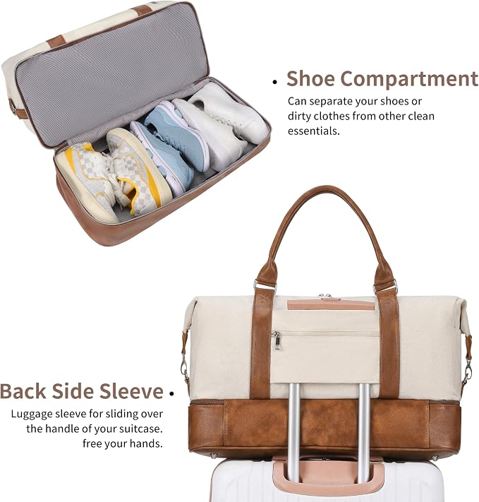 Oeihuivt Weekender Bags for Women - 21 Inch Large Travel Duffel Bag 3-Piece Set with Shoe Compartment, Heavy-Duty Canvas & Leather Carry On Overnight Tote (Airplane Approved) - Image 7