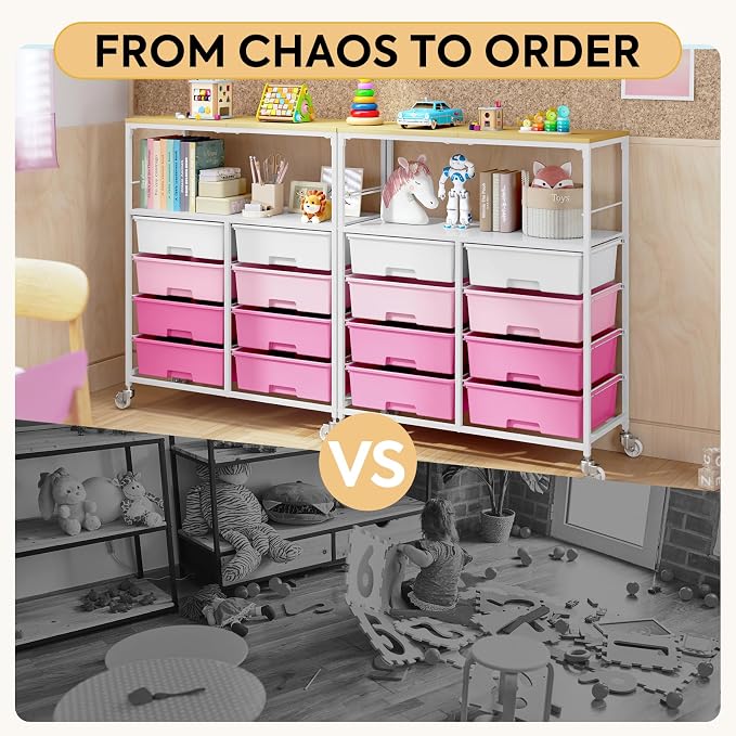 Rolling Storage Cart with 8 Large Drawers, Wooden Tabletop | Open Storage Shelves, Mobile Craft Organizer with Lockable Wheels for Home, Classroom, Office Supplies & Art Studio,Pink - Image 4