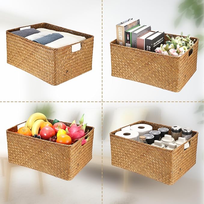 Hipiwe Seagrass Storage Baskets Bin for Shelf, X-Large Woven Wicker Basket | Rectangular Closet Bedroom Organizer Built-in Handles, Multipurpose Pantry Basket Bin, Caramel Color - Image 7