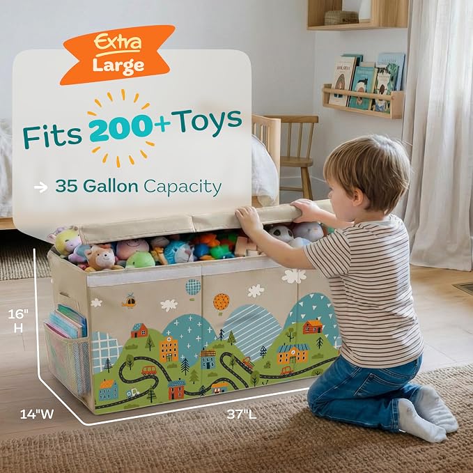 SoftOwl Extra Large Toy Storage Organizer with Lid - Sturdy, Collapsible Toy Chest Storage Box with Cute Design - Toys Bin with Dividers for Kids, Boys, Girls, Nursery, Bedroom, Play room 37"x16"x14" - Image 2