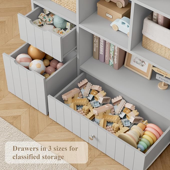 HORSTORS 48" W Kids Toy Storage Organizer, Kids Bookshelf w/Storage, Grey | 2 Mobile Toy Boxes & 3 Drawers, Toy Storage Chest with Open Cubbies for Boys and Girls, Kids Bookcase for Playroom, Classroom - Image 4