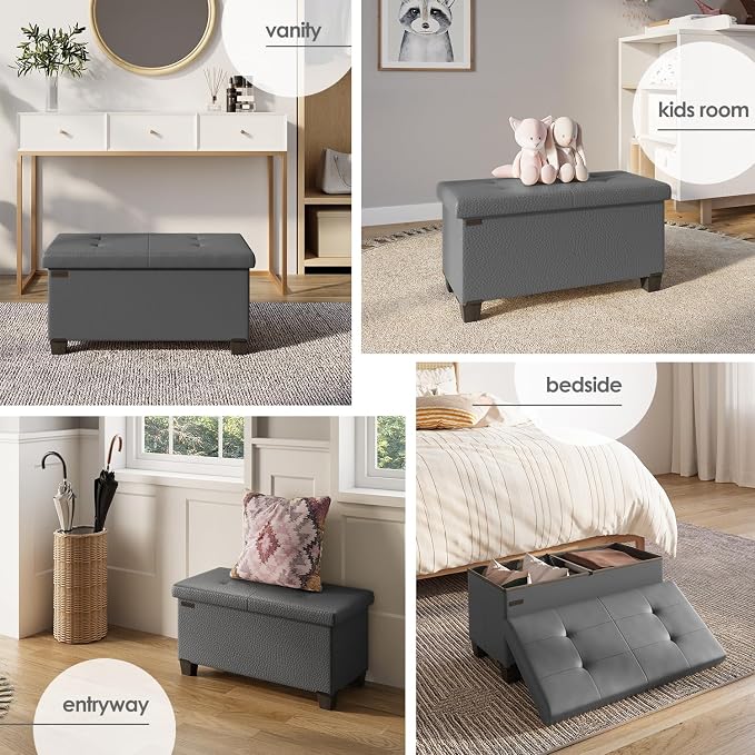 Storage Ottoman Bench with Bins, 30-in Storage Bench for Bedroom End of Bed, Folding Foot Rest Ottoman for Living Room Max 660lbs, Faux Leather Ottomans, Grey - Image 4