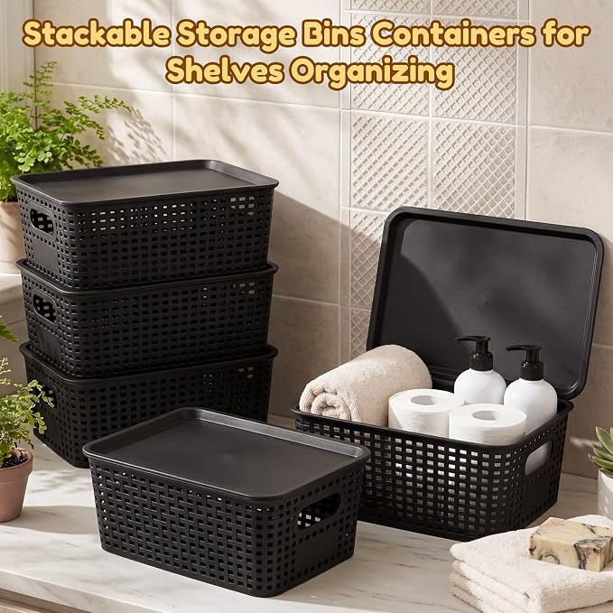 12 Pack Plastic Storage Baskets with Lids Stackable Organizing Bins Storage Baskets Organizers and Containers for Closet, Pantry, Office, 10.2 x 7.2 x 4.1 Inches(Black) - Image 2