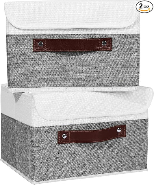 ANMINY Fabric Storage Box Bins with Lids, Gray White, 10"x8"x7", 2 Pack | Keepsake Memory Storage, Cotton Linen, PP Board Reinforced, Washable, PU Handles, Foldable & Stackable, Decorative, Small by ANMINY