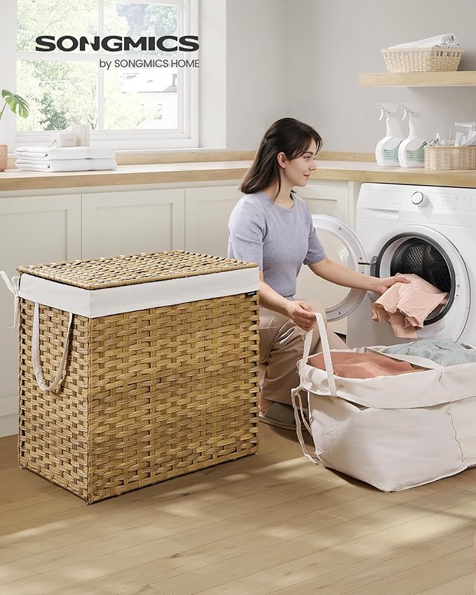 SONGMICS Laundry Hamper with Lid, 42.3 Gallon (160 L) Synthetic Rattan Clothes Laundry Basket with Lid and Handles, Foldable, Removable Liner, Goose Yellow ULCB216Y01 - Image 2