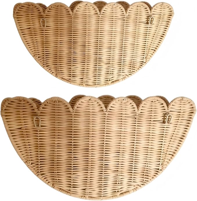 Handwoven Scalloped Wall Basket, 2Pcs Natural Rattan Hanging Wicker Baskets for Wall Storage & Decor, Boho Farmhouse Wall Basket Decor for Bathroom, Living Room, Nursery(16" & 14") (Natural) by Unknown