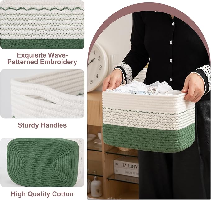 OIASKET 4 Pack Storage Baskets for Organizing, 13"X9"X7.87", Decorative Cotton Rope Baskets for Shelves, Small Woven Basket for Toys, Books and Towels, Green & White - Image 6