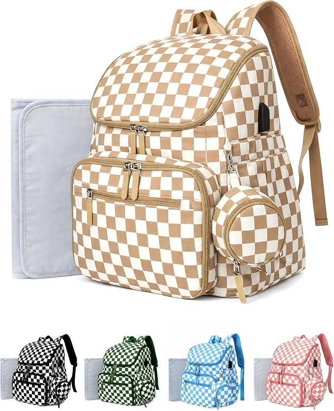 FHELAD Checkered Diaper Bag Backpack with Changing Pad & Stroller Clips | Baby Diaper Bag, Baby Shower Gifts, 4 Insulated Bottle Holders, Wet Wipe Pocket, Luggage Strap by FHELAD