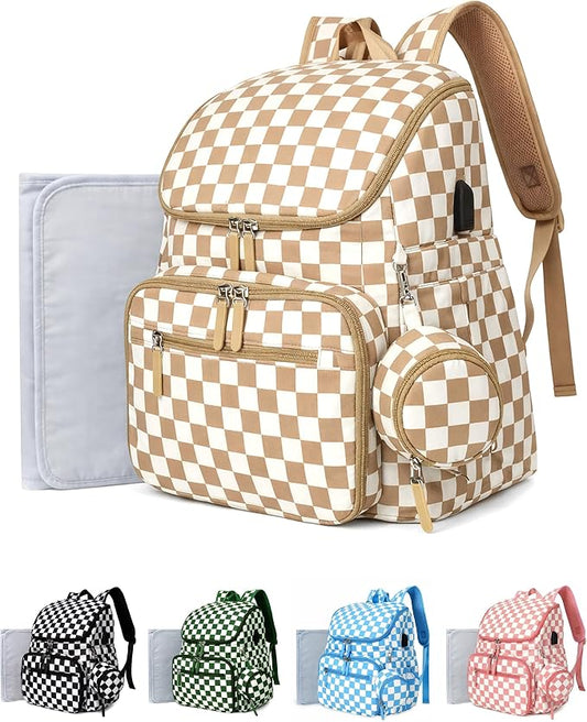 FHELAD Checkered Diaper Bag Backpack with Changing Pad & Stroller Clips | Baby Diaper Bag, Baby Shower Gifts, 4 Insulated Bottle Holders, Wet Wipe Pocket, Luggage Strap by FHELAD