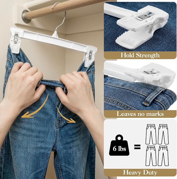 Skirt Hangers with Clips, 30 Pack White Pants Hangers | 12 Inch Plastic Clips Hangers Space-Saving Closet Organizer for Skirts, Shorts, Jeans with 360° Swivel Hook & Non-slip Clips - Image 5
