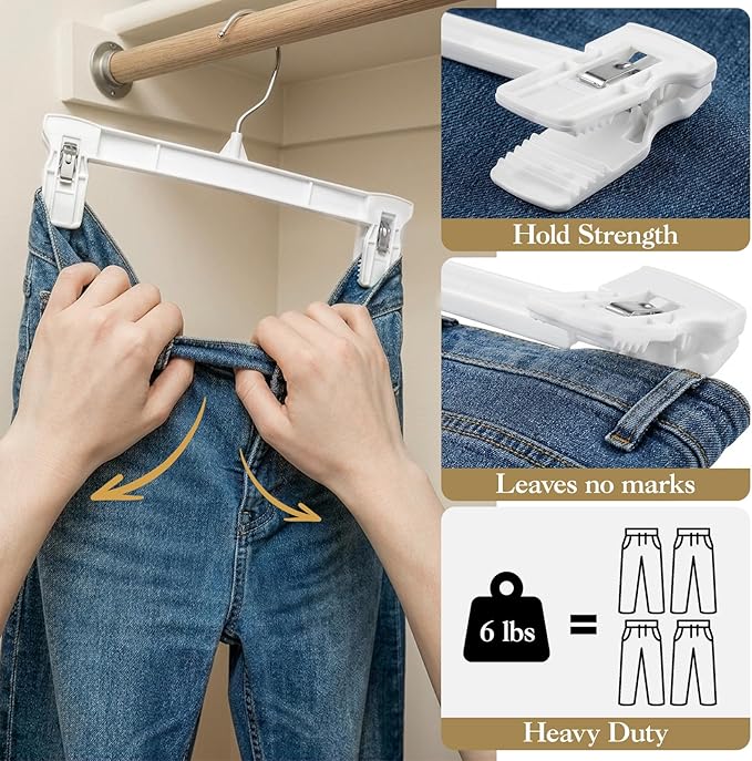 Skirt Hangers with Clips, 150 Pack White Pants Hangers | 12 Inch Plastic Clips Hangers Space-Saving Closet Organizer for Skirts, Shorts, Jeans with 360° Swivel Hook & Non-slip Clips - Image 5