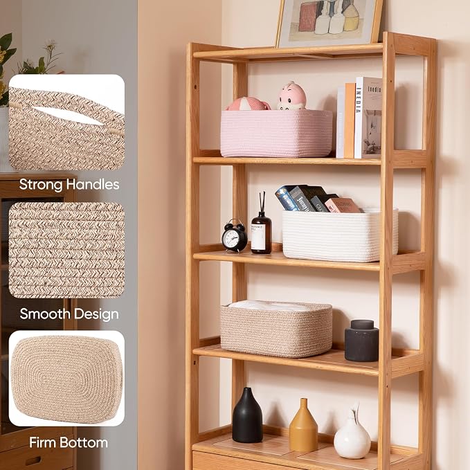OIAHOMY 4 Pack 14.17 * 11.02 * 6.3IN Storage Baskets for Organizing Shelves, Woven Rope Baskets for Organizing Books, Clothes, Decorative Basket for Living Room, Nursery, Bedroom, Gift Basket, Brown - Image 3