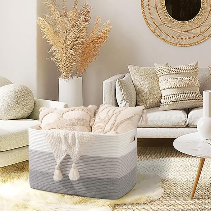 OIAHOMY 118L Extra Large Blanket Basket, Rectangle Woven Cotton Rope Storage Basket, Used for storing Dirty Clothes, Stuffed Animal Toy Storage for Living Room,Kids Room,25" x 17" x 16", Gradient Grey - Image 6