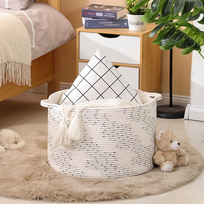 KAKAMAY Large Blanket Basket (20"x13"),Woven Baskets for storage Baby Laundry Hamper，Cotton Rope Blanket Basket for Living Room, Laundry, Nursery, Pillows, Off White with Blue & Brown Dotted Pattern | Extra Large Capacity | Natural Cotton Rope | Blanke... - Image 3