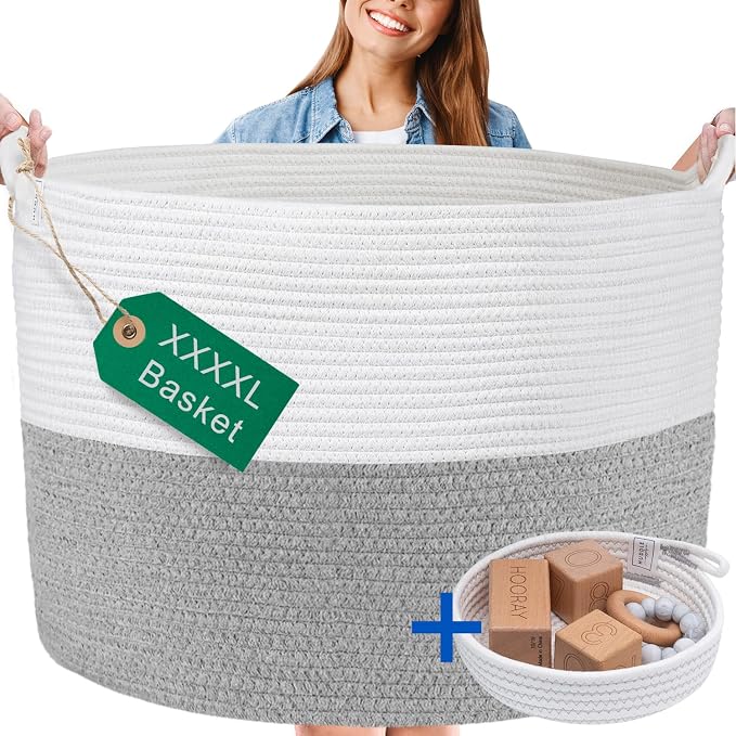 Huddle XXXXL WASHABLE Jumbo 125L Blanket Basket for Living Room, Toys, Baby | Woven Decorative Cotton Rope Big Basket+Mini Basket for Nursery, Dog Toys, Storage, Organization Bins 24x17in Grey & White by HuddleSupplyCo